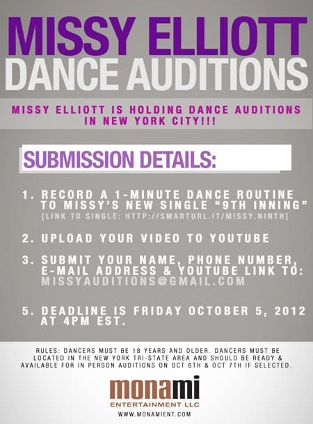 Archival 2012 Missy Elliott dance audition notice